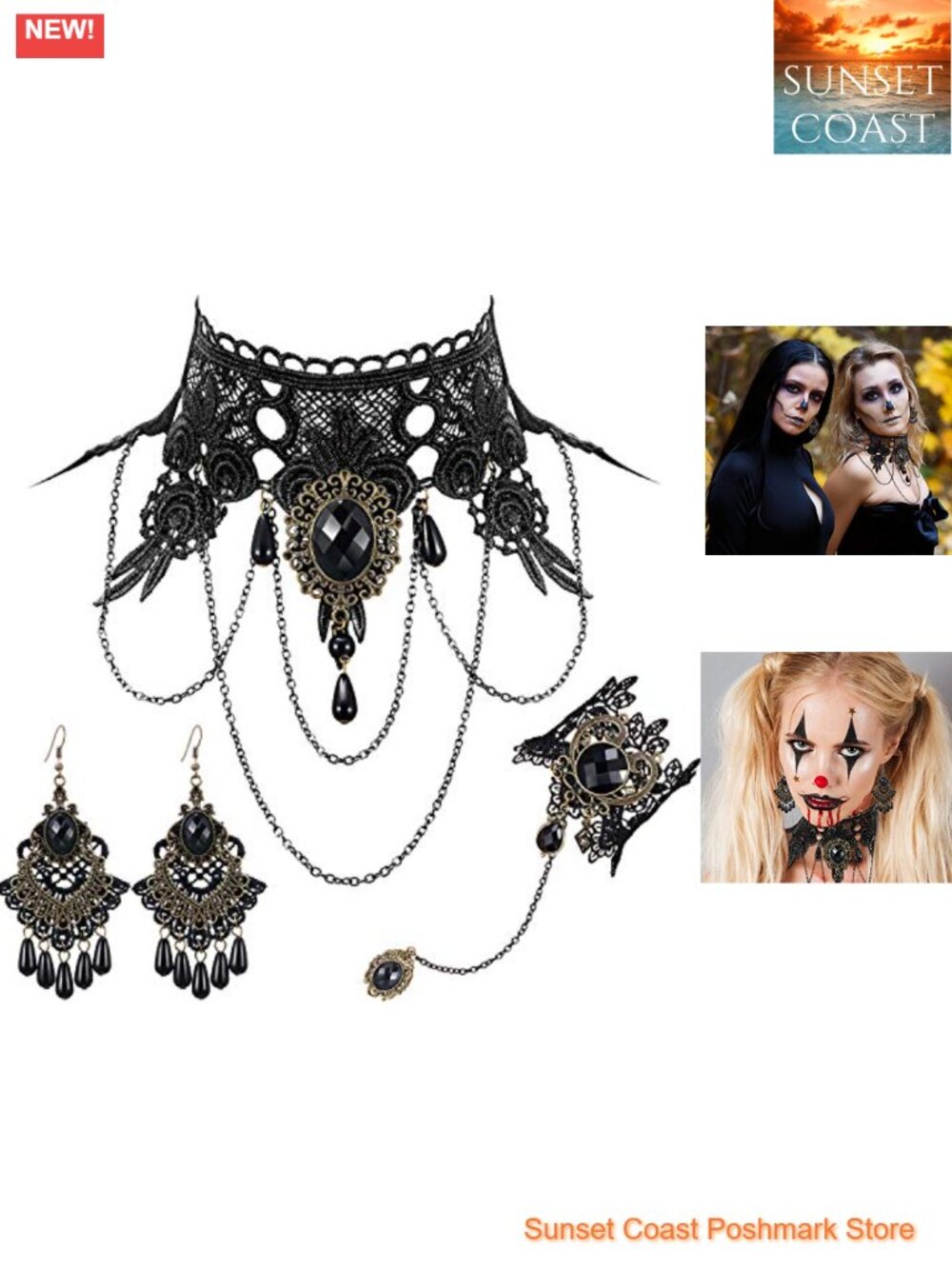 Lace Choker Necklace Earrings Bracelet Set Rhinestone Goth Jewelry
